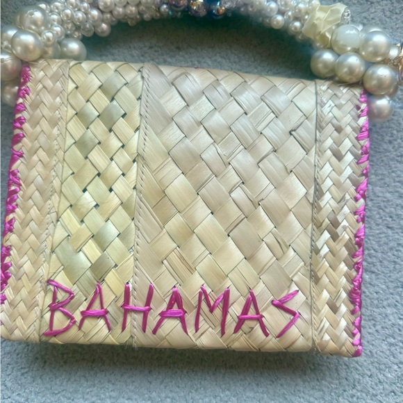 Pink and Tan Woven Handbag with Pearl Handle - Picture 4 of 5